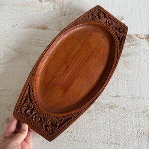 Vintage Solid Teak Long Flat Tray with Carved Flower Detailing